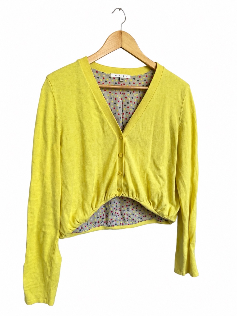 Cabi Prepster Cardigan Yellow Polka Dot Lined Button Up Sweater Medium